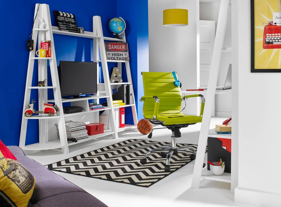 Study office with white shelving and desk with green swivel chair